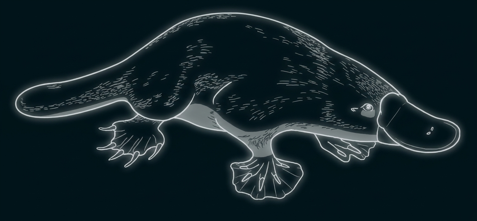 Zeichnung eines Schnabeltiers in Seitenansicht, grau, mit Schwimmhäuten und charakteristischem Schnabel